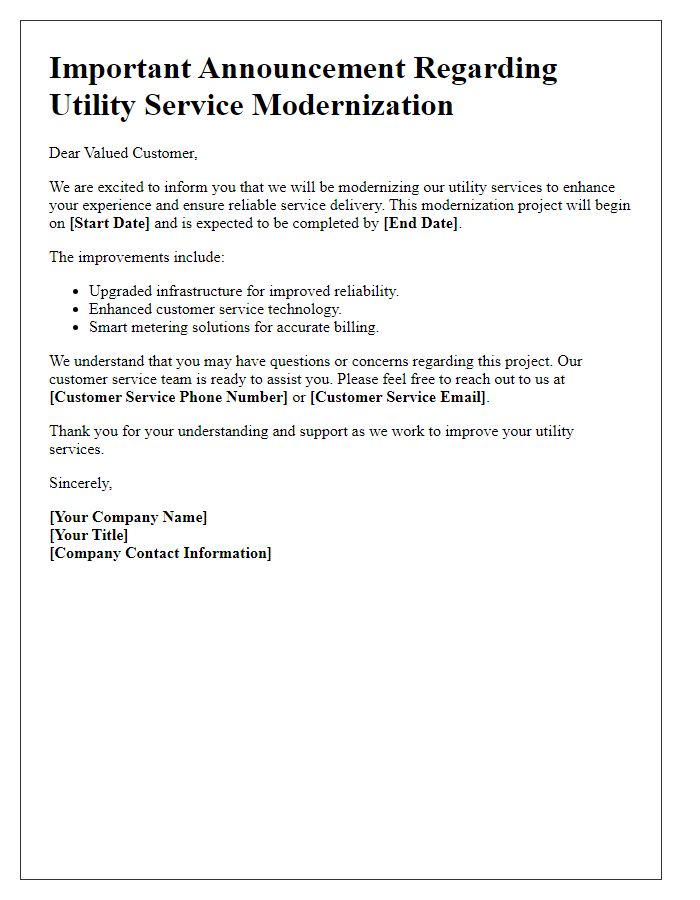 Letter template of utility service modernization announcement