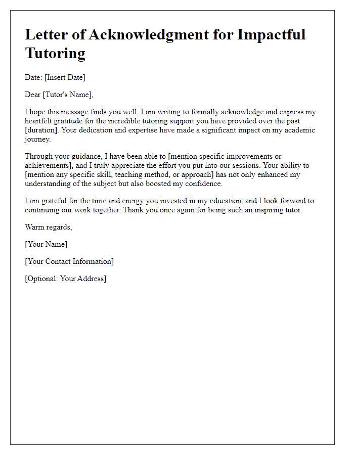 Letter template of acknowledgment for impactful tutoring