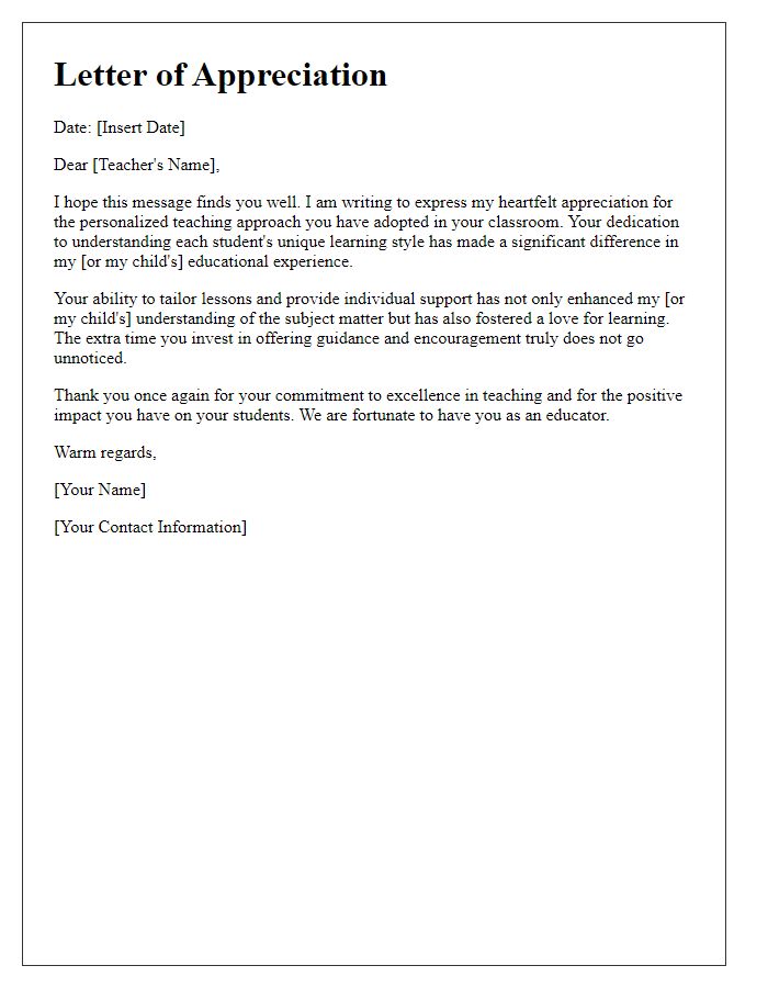 Letter template of appreciation for personalized teaching