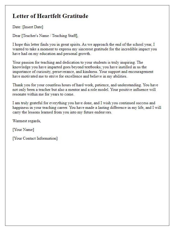 Letter template of heartfelt gratitude to teaching staff