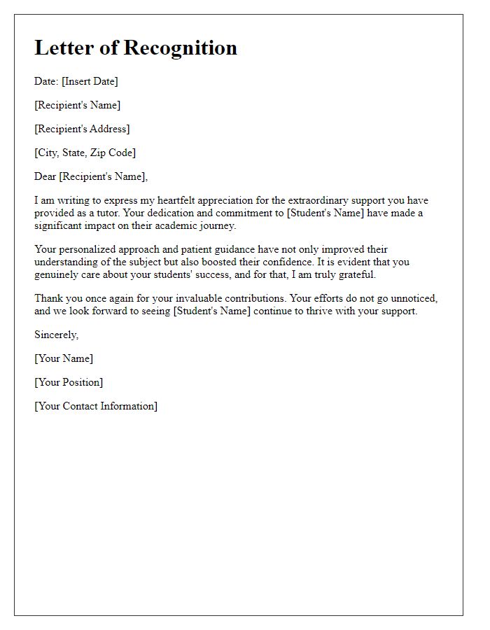 Letter template of recognition for tutor support