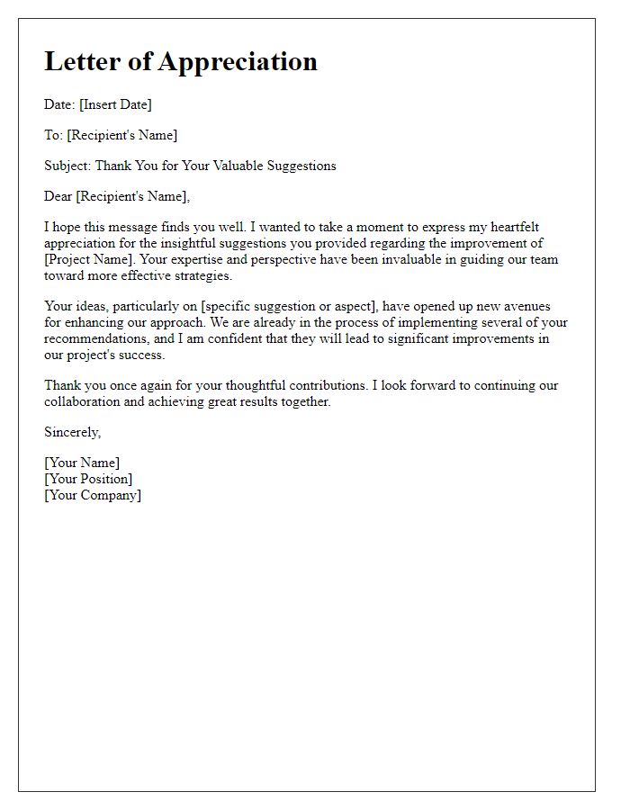 Letter template of appreciation for your suggestions on project improvement