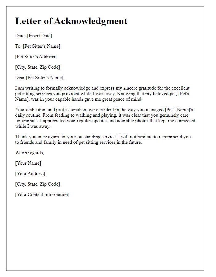 Letter template of acknowledgment for pet sitters' excellent service.