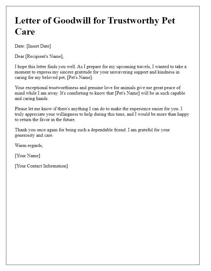 Letter template of goodwill for trustworthy pet care while traveling.