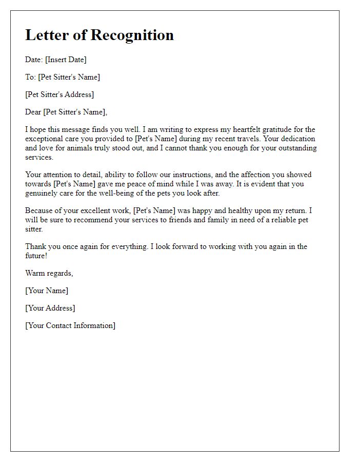 Letter template of recognition for exceptional pet sitters post-travel.