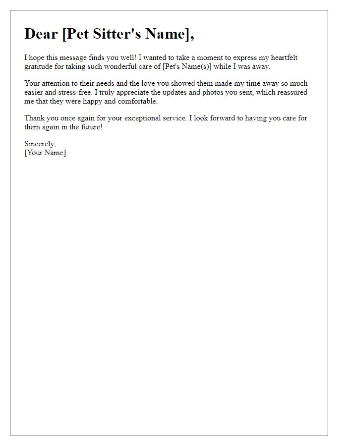 Letter template of thanks to pet sitters for looking after my pets.