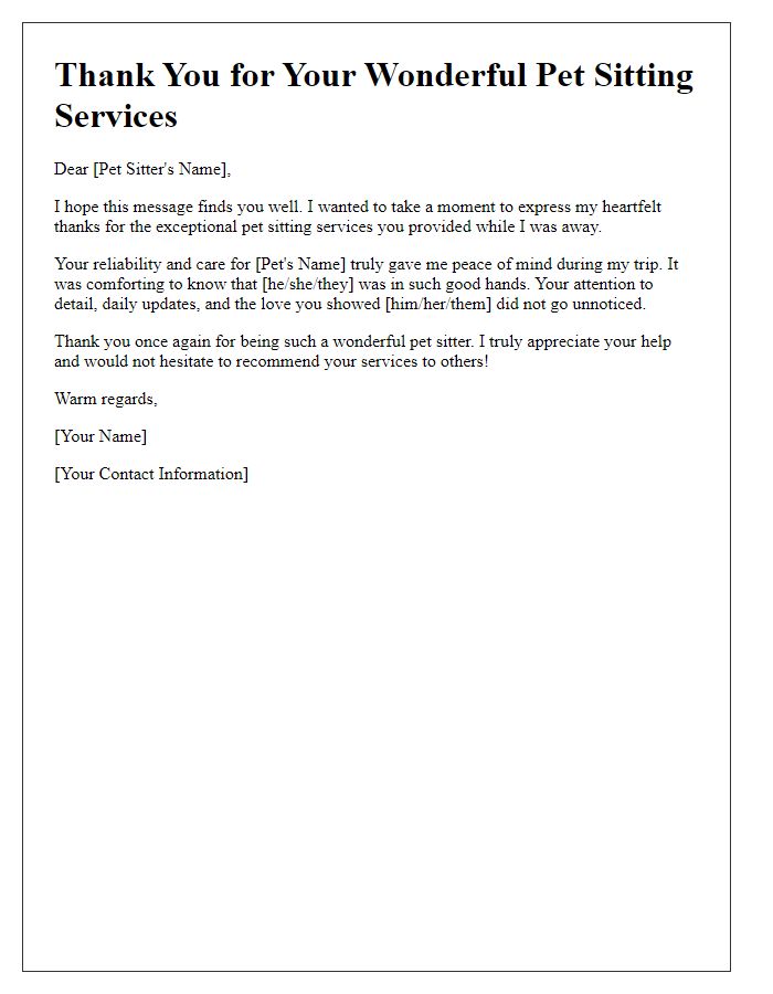 Letter template of warm thanks for reliable pet sitting assistance.