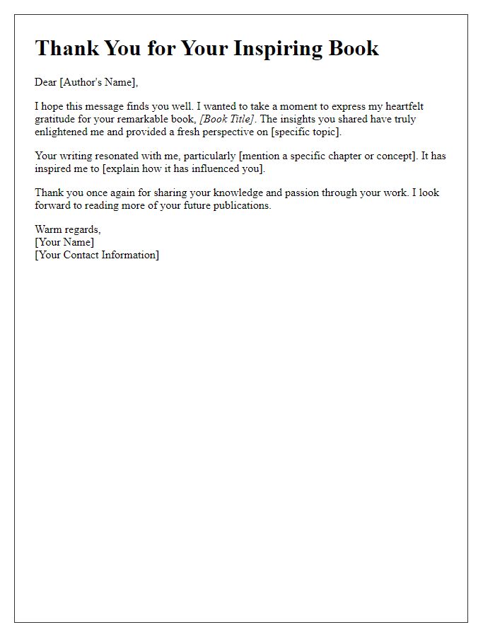 Letter template of thanks for enlightening book insights.