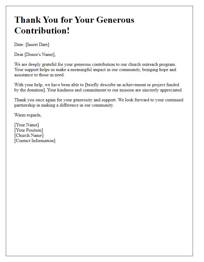 Letter template of acknowledgment for church outreach contributions.