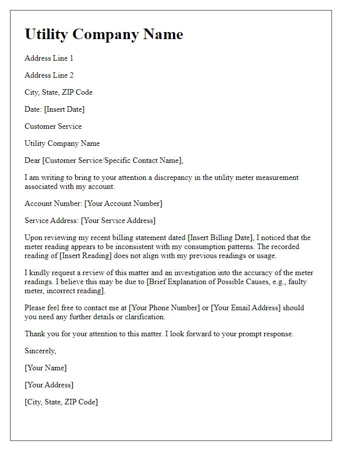 Letter template of discrepancy in utility meter measurement