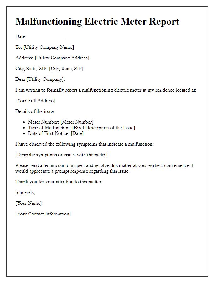 Letter template of malfunctioning electric meter report