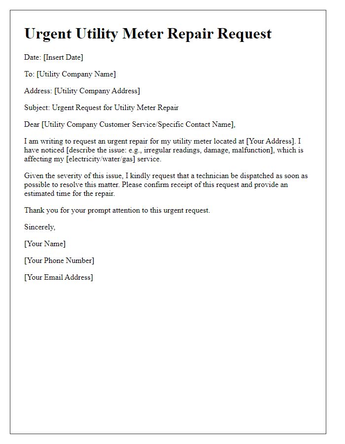 Letter template of urgent utility meter repair request