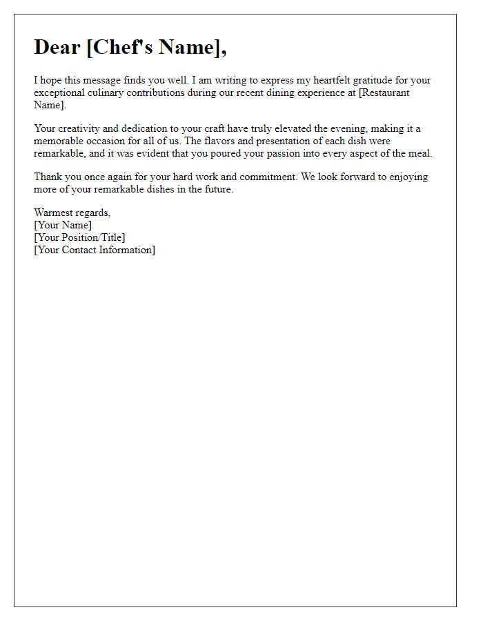 Letter template of acknowledgment for chefs contributing to a memorable dining experience