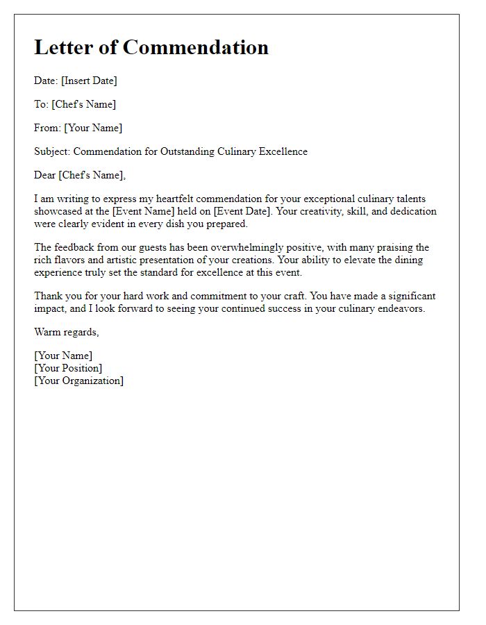 Letter template of commendation for chefs who showcased their talents at the event