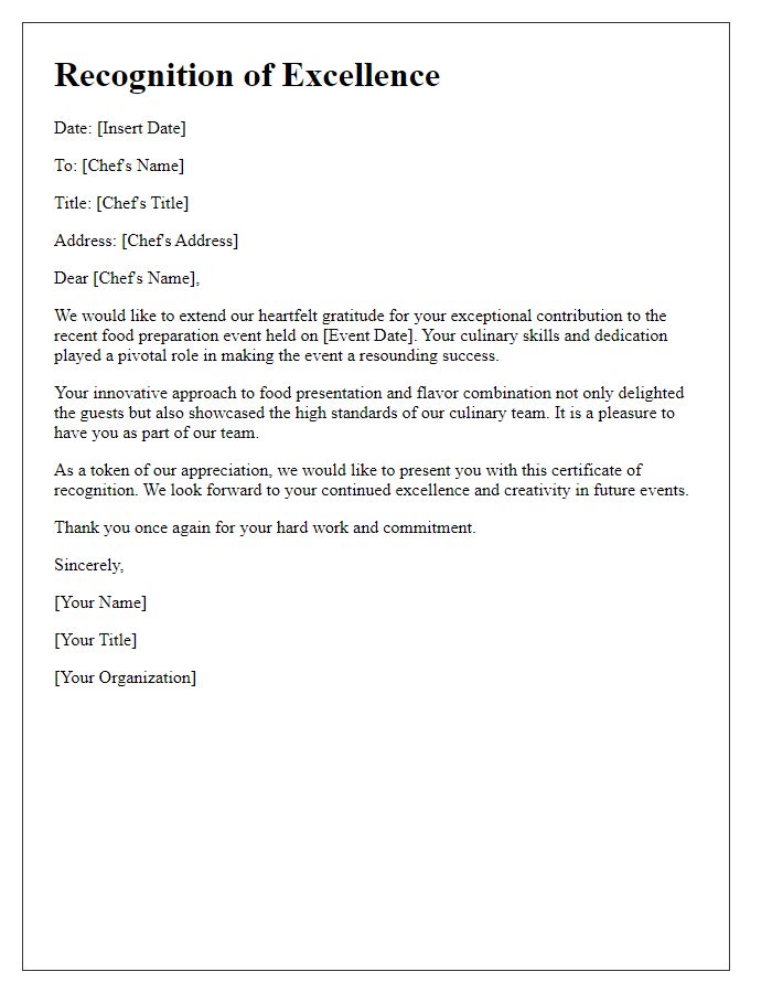 Letter template of recognition for chefs involved in the food preparation event