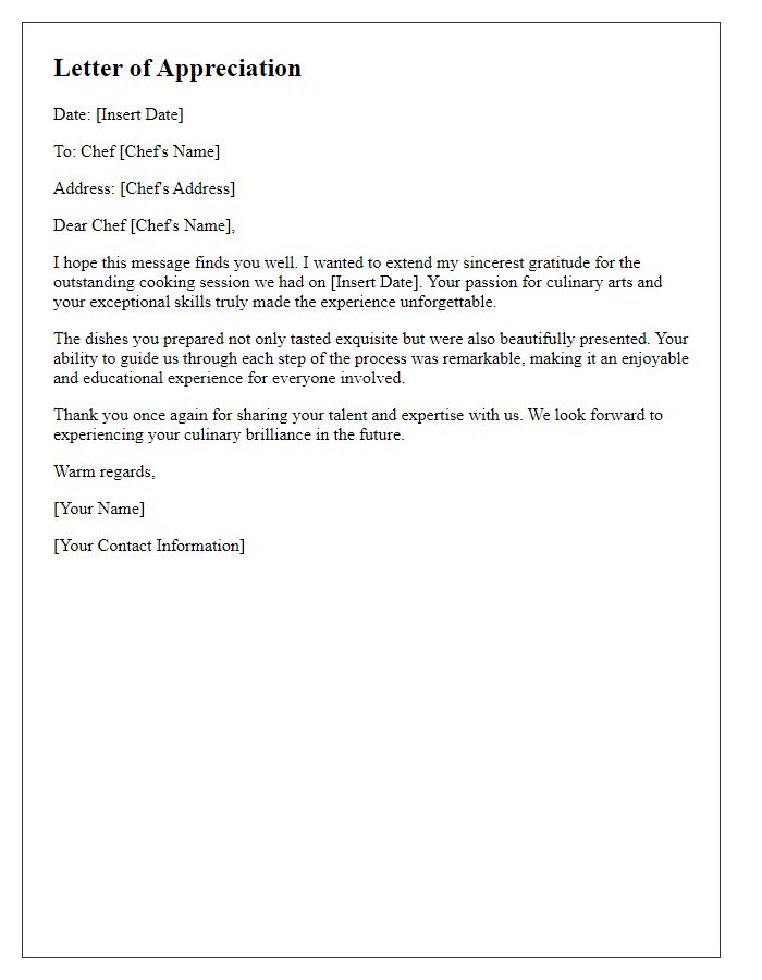 Letter template of respect for chefs after an outstanding cooking session