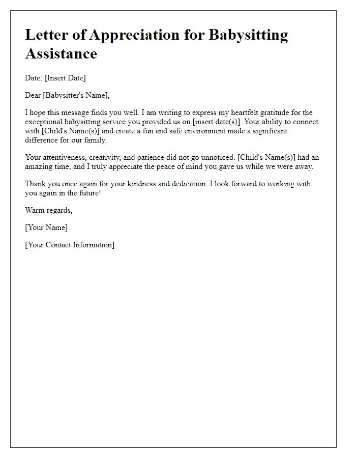 Letter template of appreciation for babysitting assistance