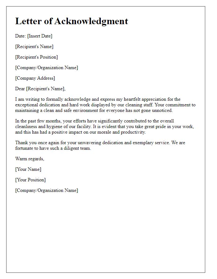 Letter template of acknowledgment for cleaning staff dedication