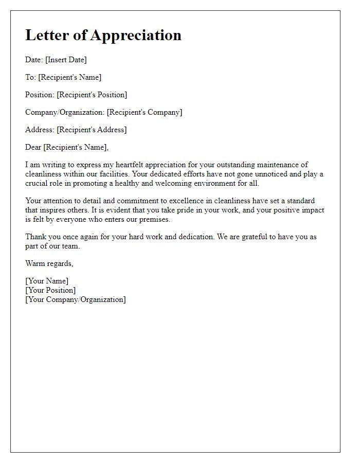 Letter template of appreciation for outstanding cleanliness maintenance