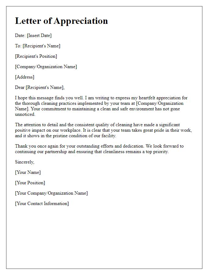 Letter template of appreciation for thorough cleaning practices