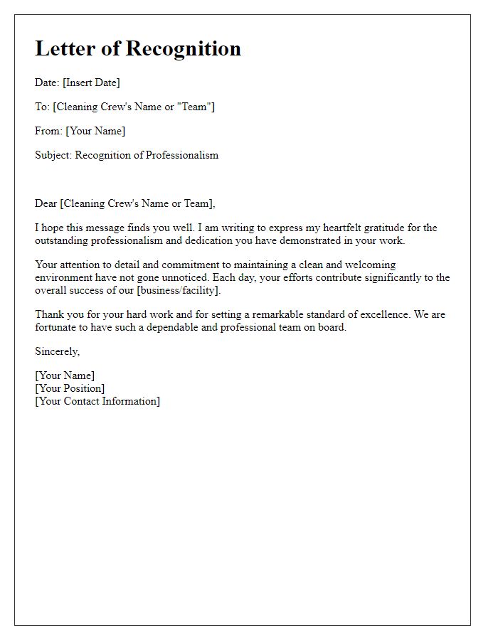 Letter template of recognition for cleaning crews professionalism