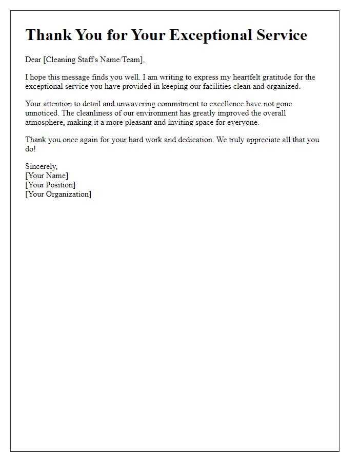 Letter template of thanks for the cleaning staff's exceptional service