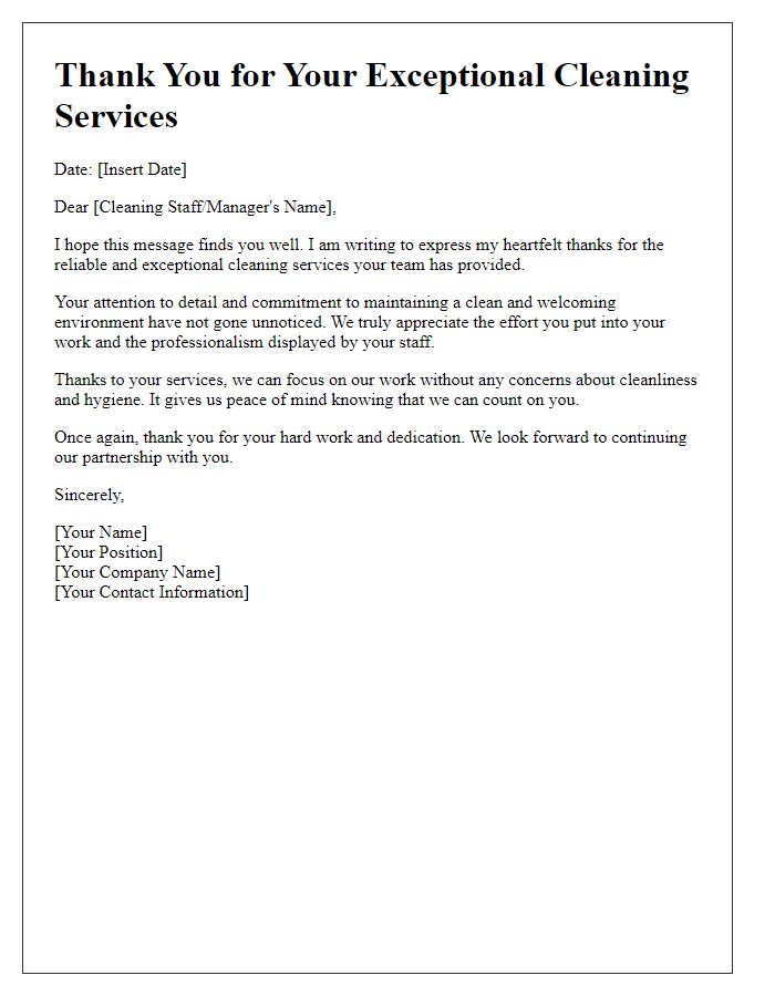 Letter template of thanks for reliable cleaning staff services