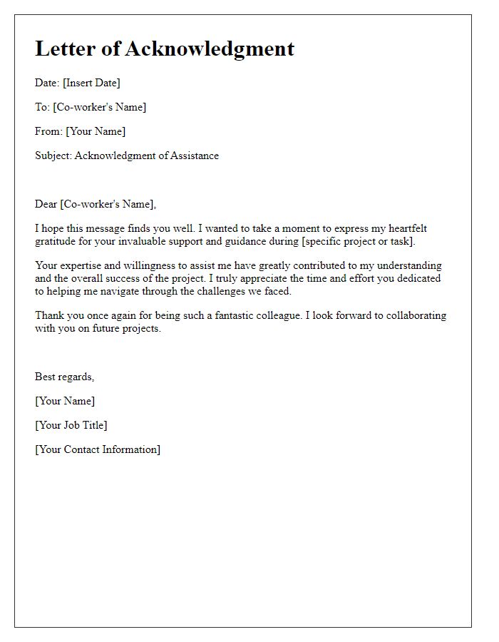 Letter template of acknowledgment for co-worker help and guidance.