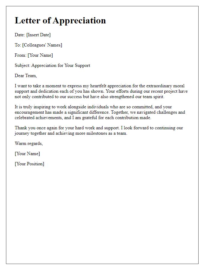 Letter template of appreciation for colleagues' moral support and efforts.