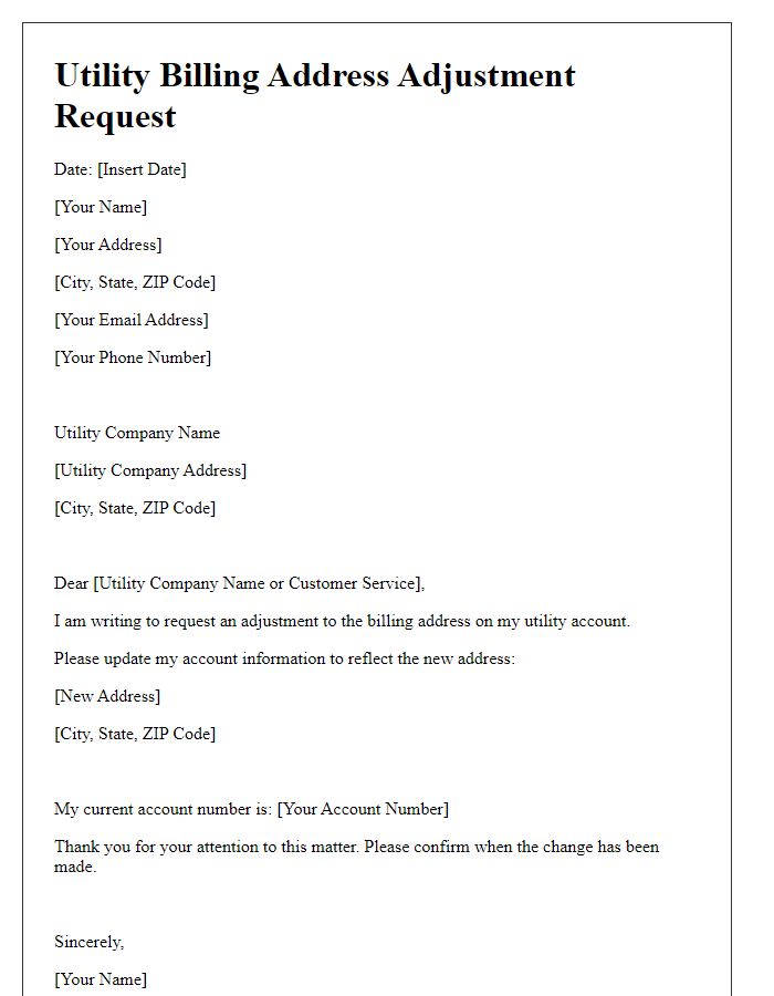 Letter template of address adjustment for utility billing