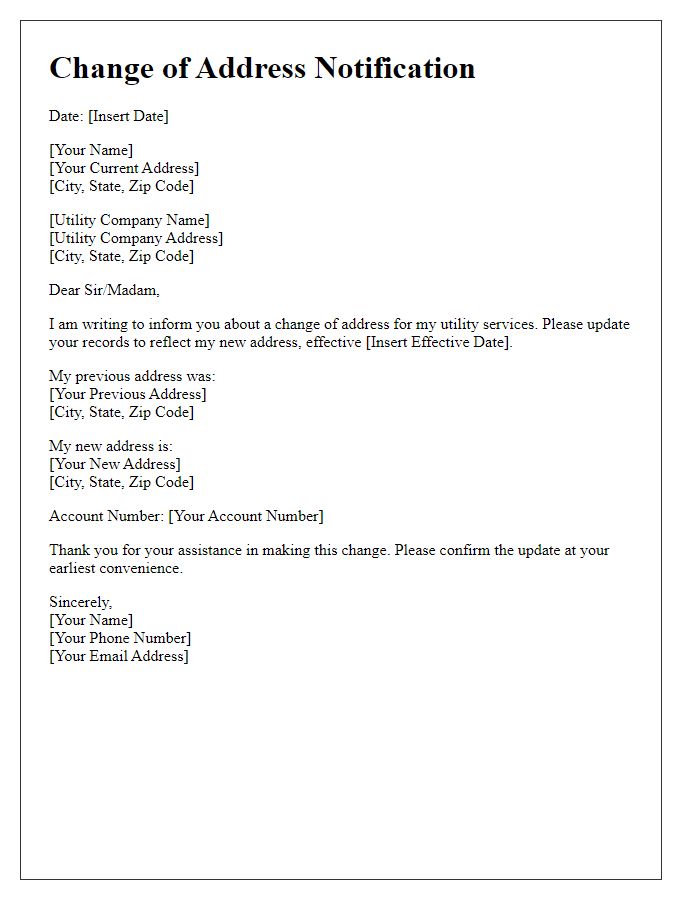 Letter template of change of address for utility services