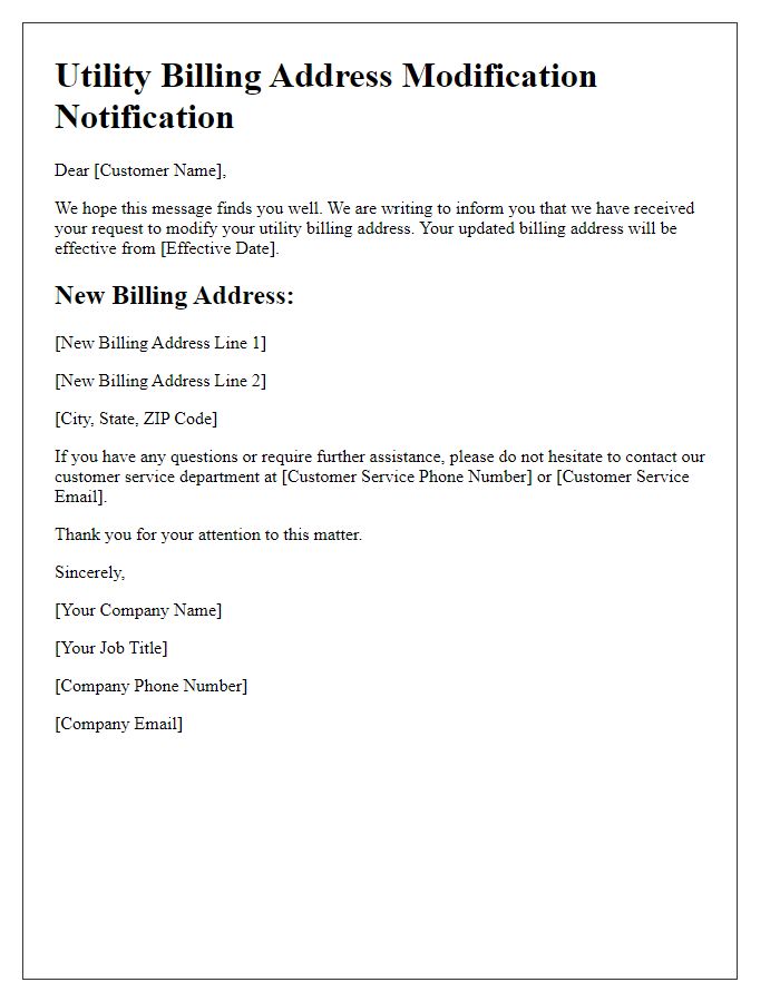 Letter template of notification for utility billing address modification