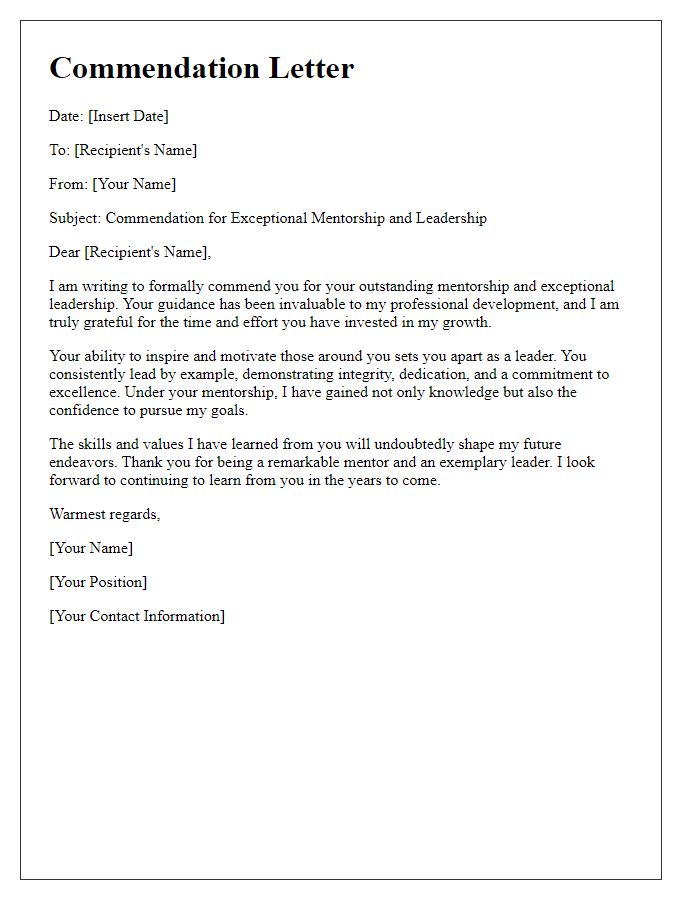 Letter template of commendation for your mentorship and leadership