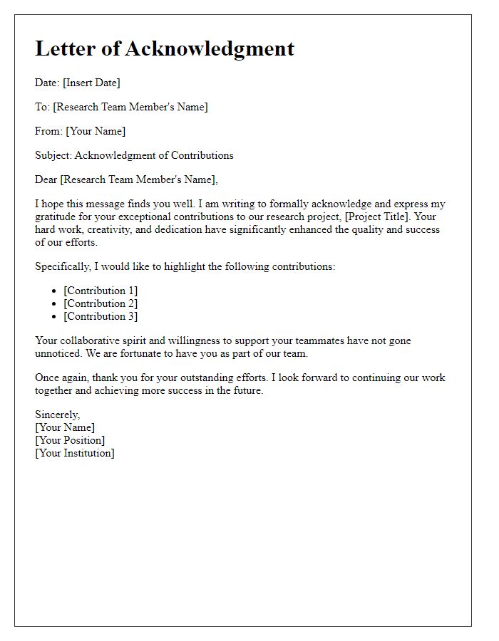 Letter template of acknowledgment for research team contributions