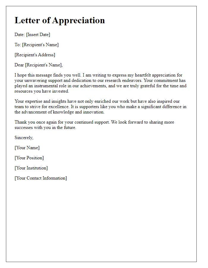 Letter template of appreciation for dedicated research supporters