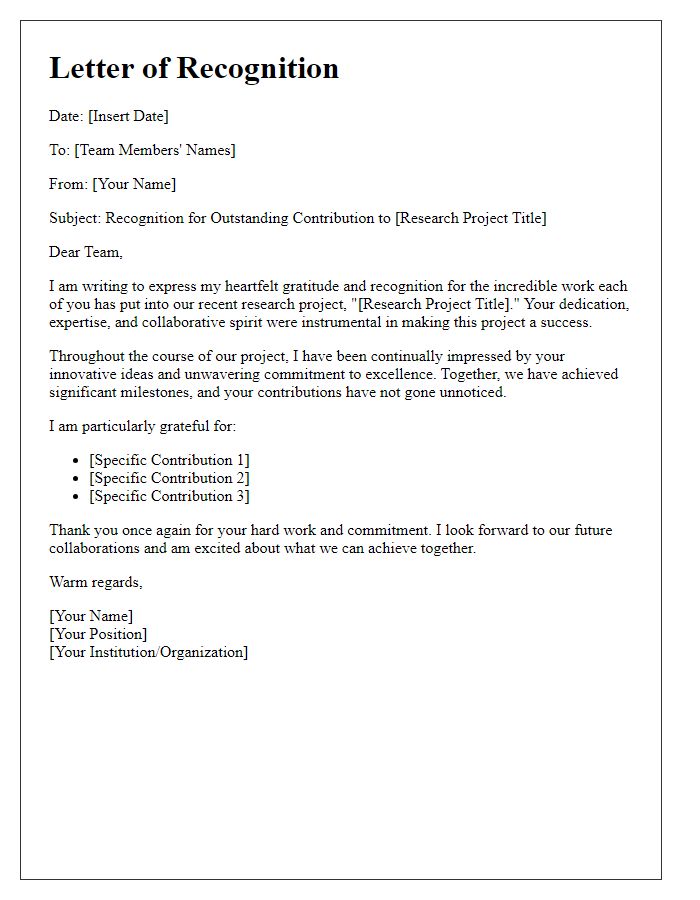 Letter template of recognition for research project teammates