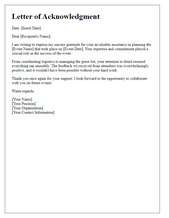 Letter template of acknowledgment for event planning assistance