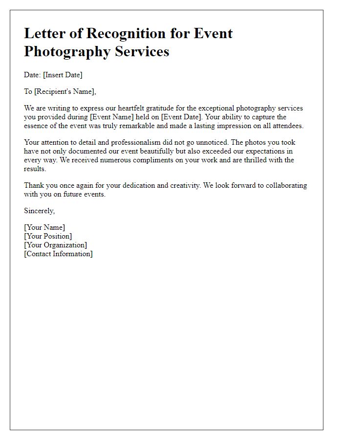 Letter template of recognition for event photography services