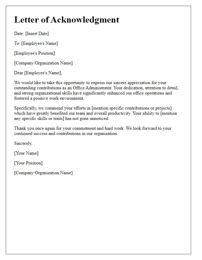 Letter template of Acknowledgment for Office Admin Contributions