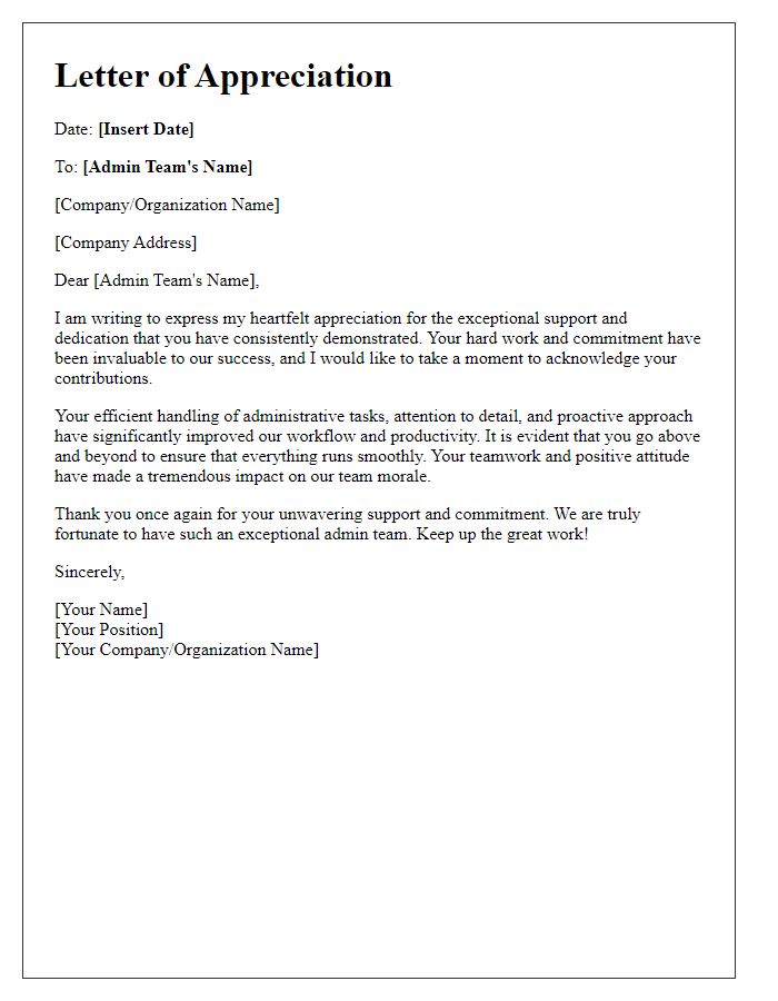 Letter template of Appreciation for Exceptional Admin Team Support