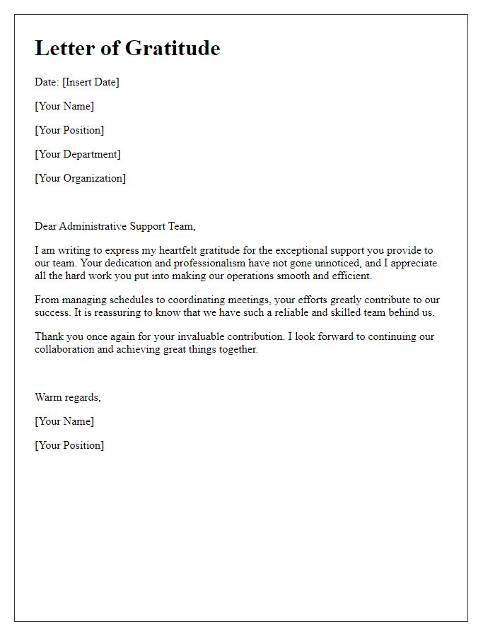 Letter template of Gratitude to Administrative Support Team