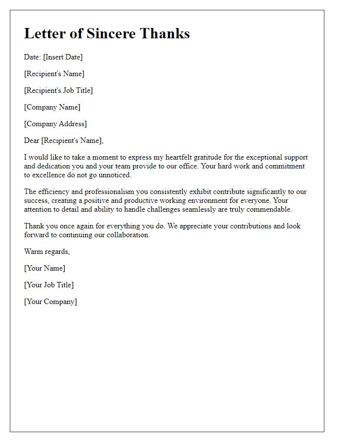 Letter template of Sincere Thanks to Office Administrative Staff