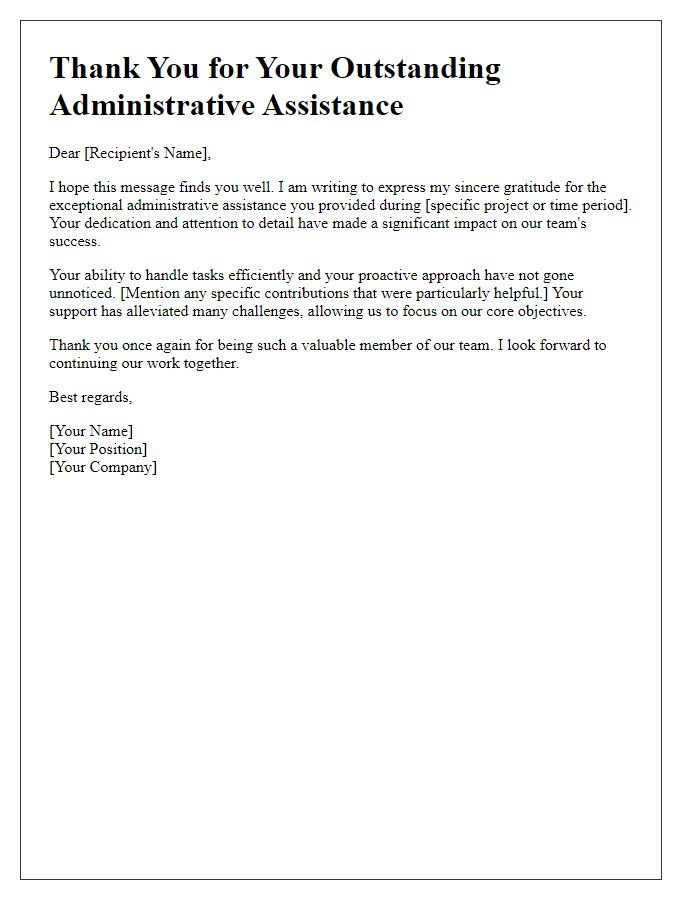 Letter template of Thanks for Outstanding Administrative Assistance