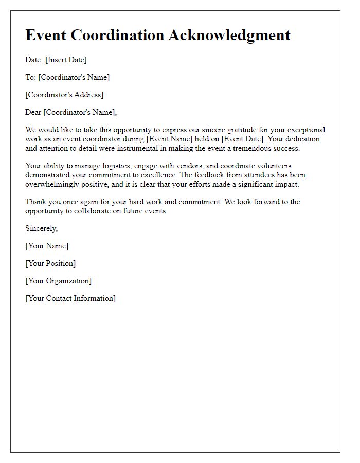 Letter template of acknowledgment for event coordinators