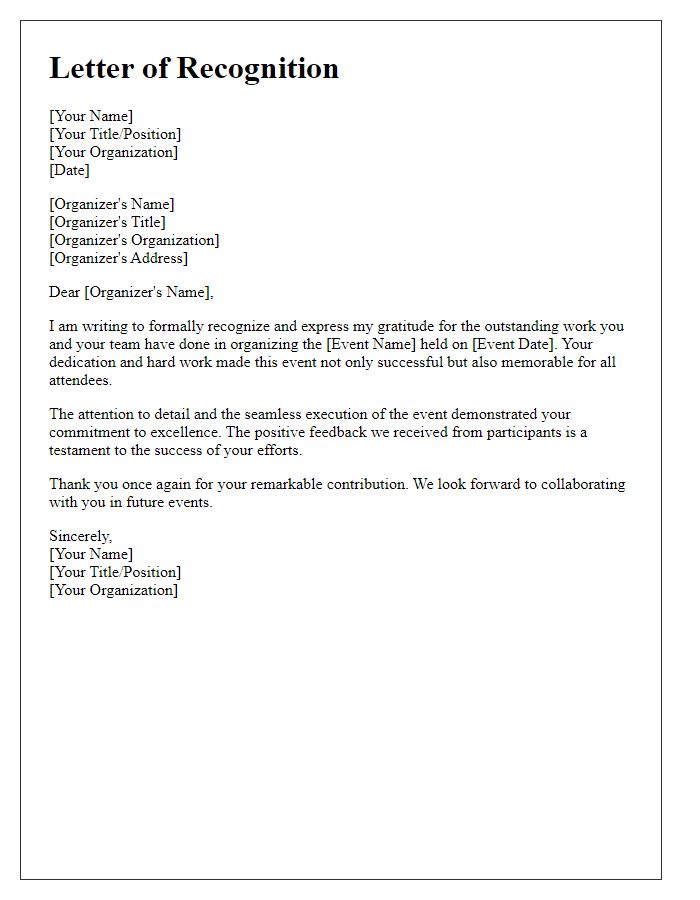 Letter template of recognition for the event organizers