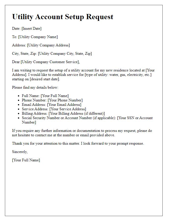 Letter template of request for utility account setup