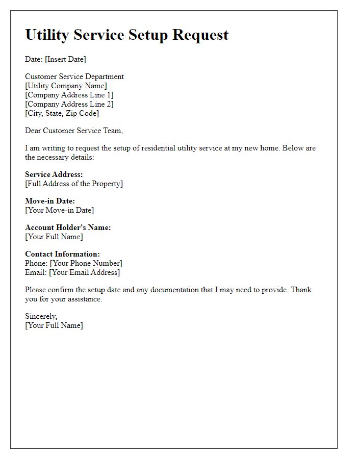 Letter template of setup for residential utility service