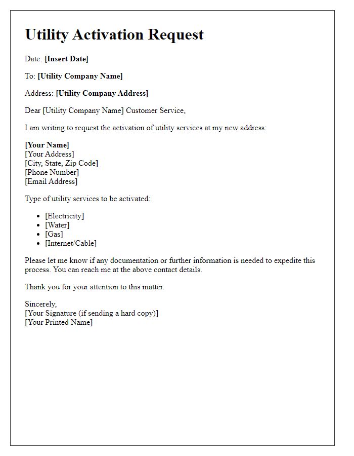 Letter template of utility activation request