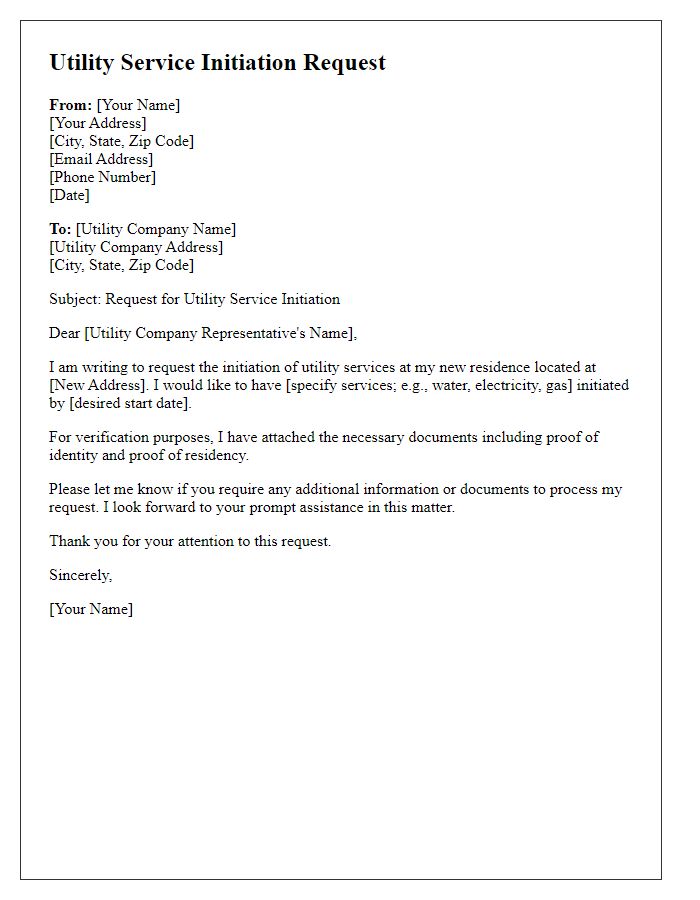 Letter template of utility service initiation request