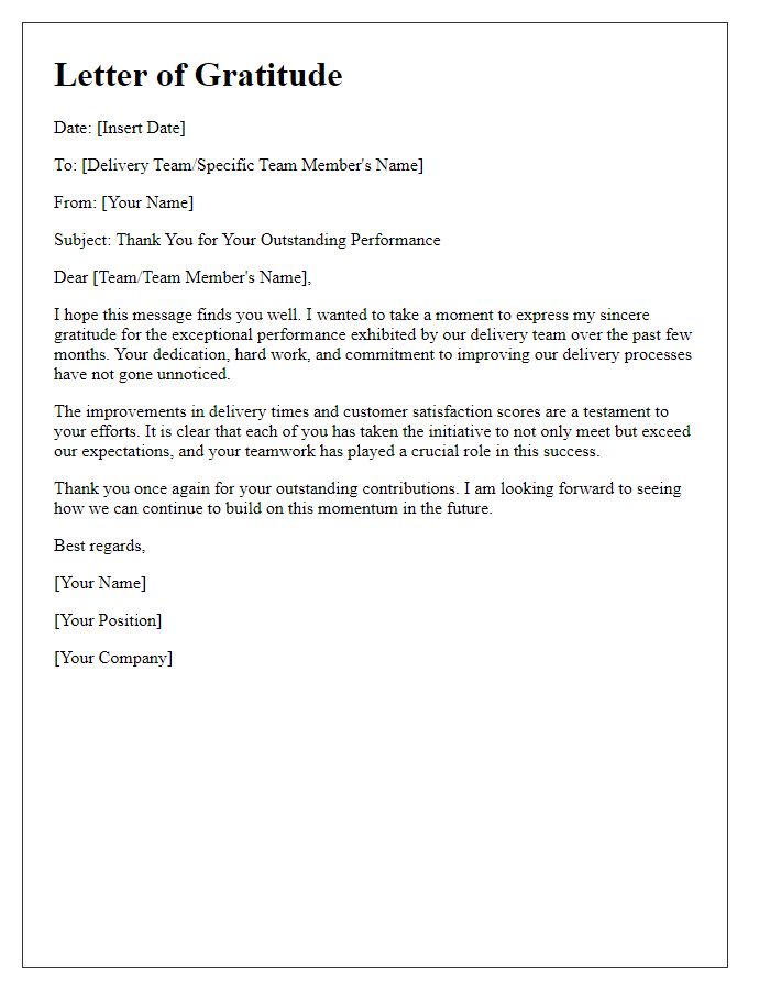 Letter template of gratitude for improved delivery team performance.